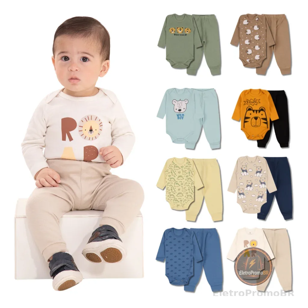 Kit 6 Peças de Roupas para Bebê Menino (3 Body Longo + 3 Calça Mijão) Kit 3 Body Roupa Infantil Bebê