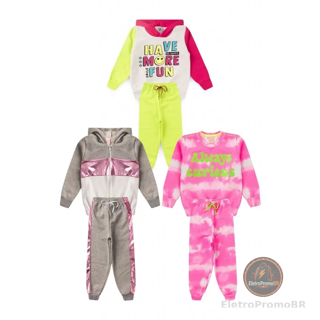 Kit Sortido 6 Peças de Roupas Infantis Feminino Inverno - 3 Casacos + 3 Calças
