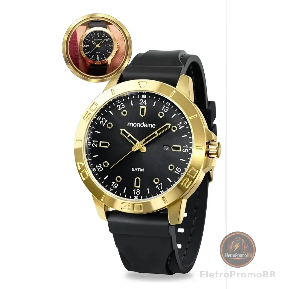 Relógio De Pulso Mondaine Com Corria De Silicone Cor Preto - Bisel Dourado