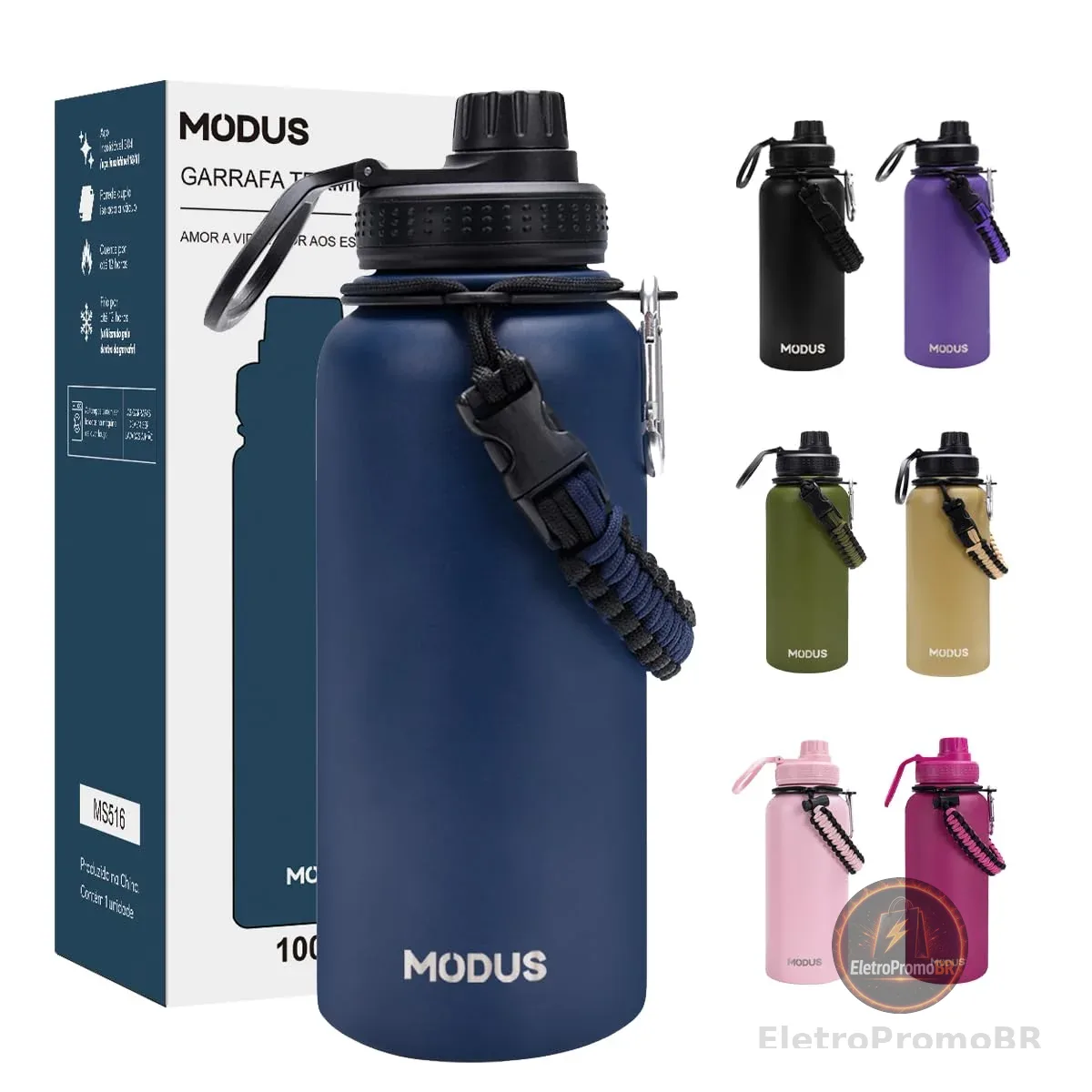 MODUS 950mL Garrafa Térmica Aço Inoxidável Com Alça Paracord (Azul)