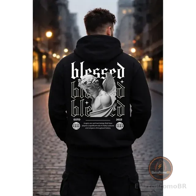 Blusa De Moletom Masculino Respect Blessed Angel Canguru