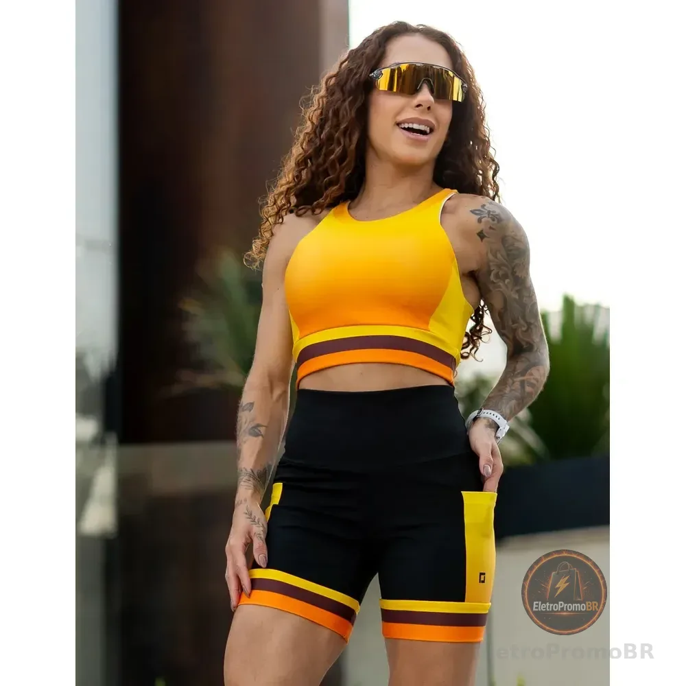 Conjunto Corrida Shorts Com Bolsos Cropped Alta Sustentação Laranja Energy Liso P