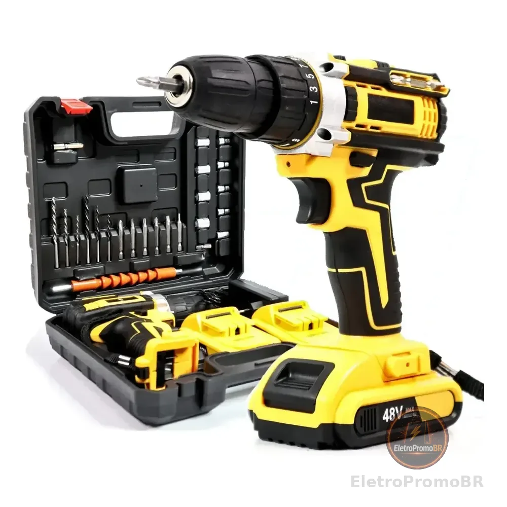 Parafusadeira Furadeira De Impacto 3 Funções Profissional 2 Baterias Sem Fio Cor Amarelo 127/220v
