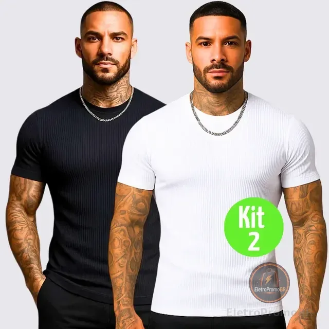 Kit 2 Camiseta Americana Canelada Ribana Algodão Justa Slim