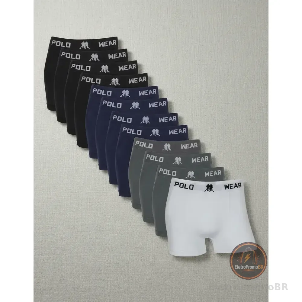 Kit 12 Cuecas Boxer Polo Wear Masculino Microfibra Sortida Branco, Cinza, Preto E Azul Marinho Liso M
