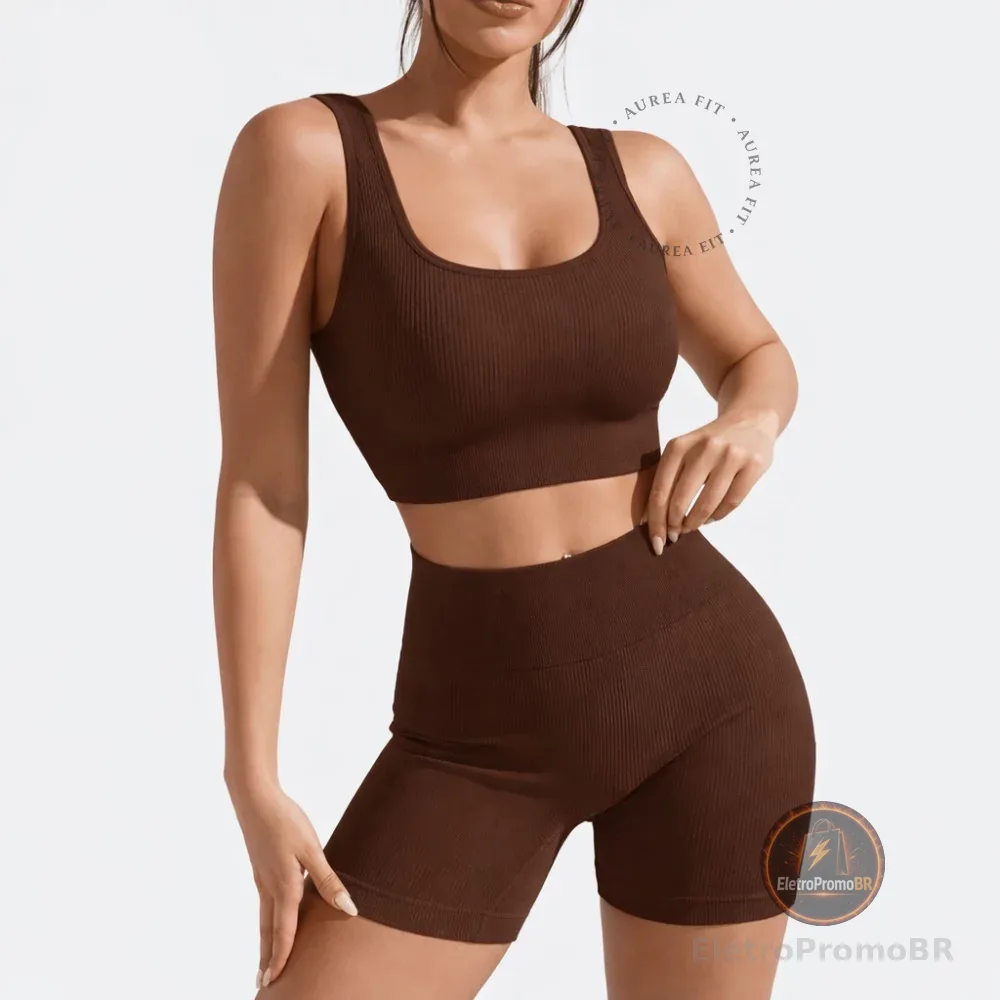 Conjunto Fitness Feminino Short Canelado Sem Costura com Top Bojo Removível Costas Nadador Academia Treino Yoga