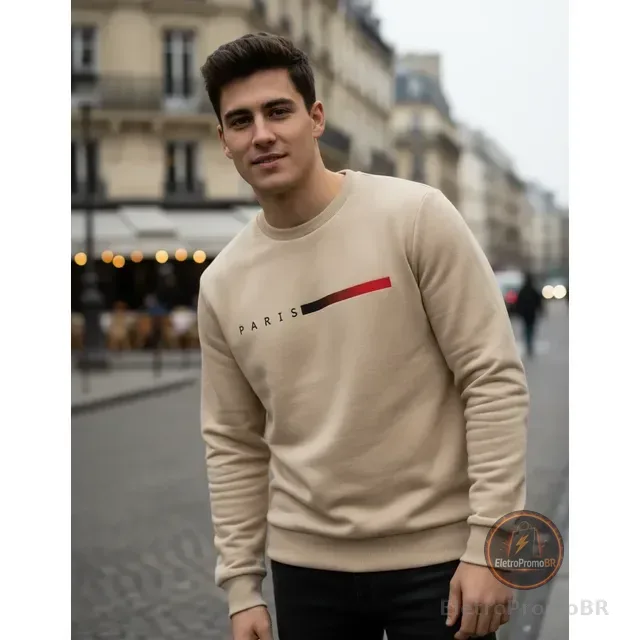 Moletom Masculino Gola Careca Flanelado Paris Suéter Frio