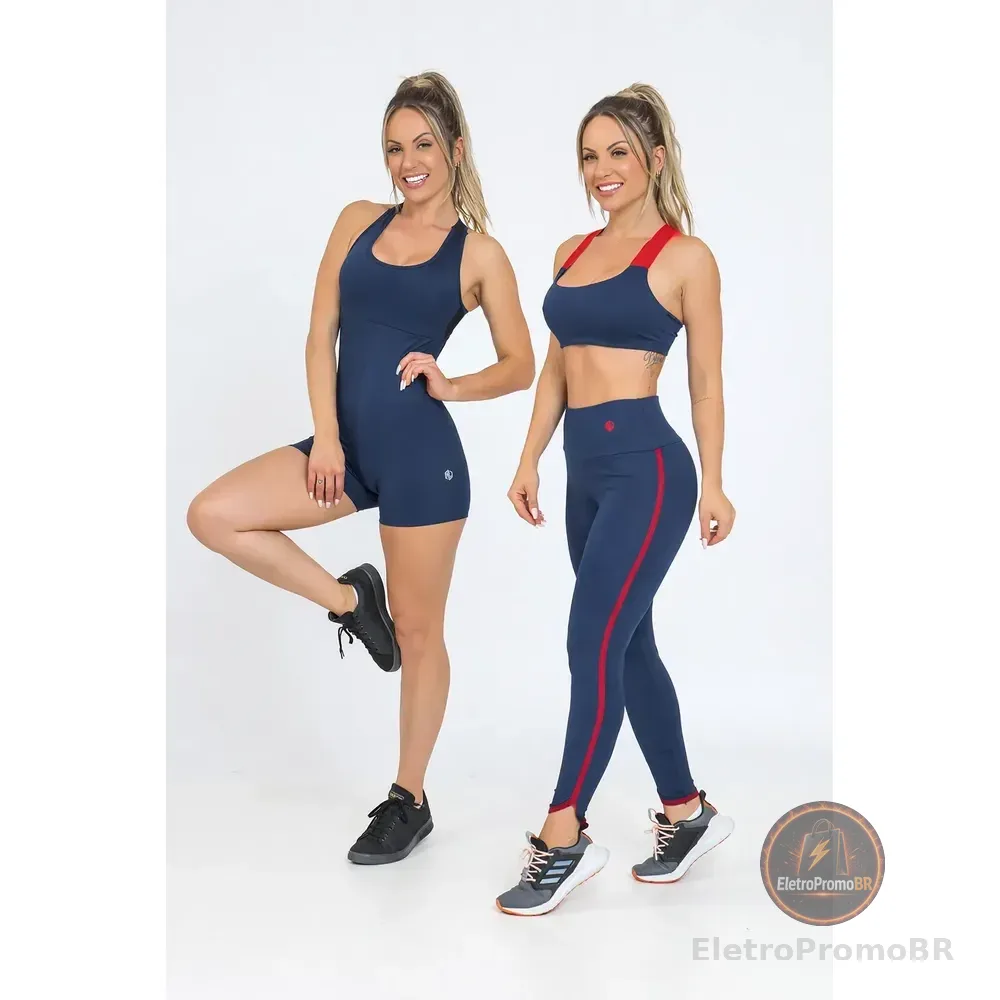 Kit Conjunto Fitness Viés Top E Legging + Macaquinho Shorts Azul-escuro M