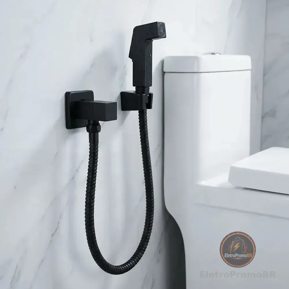 Ducha Higiênica Quadrada 1/4 De Volta Completa Acabamento Preto Fosco Matte Duchinha Chuveirinho Metal Inox Tkla