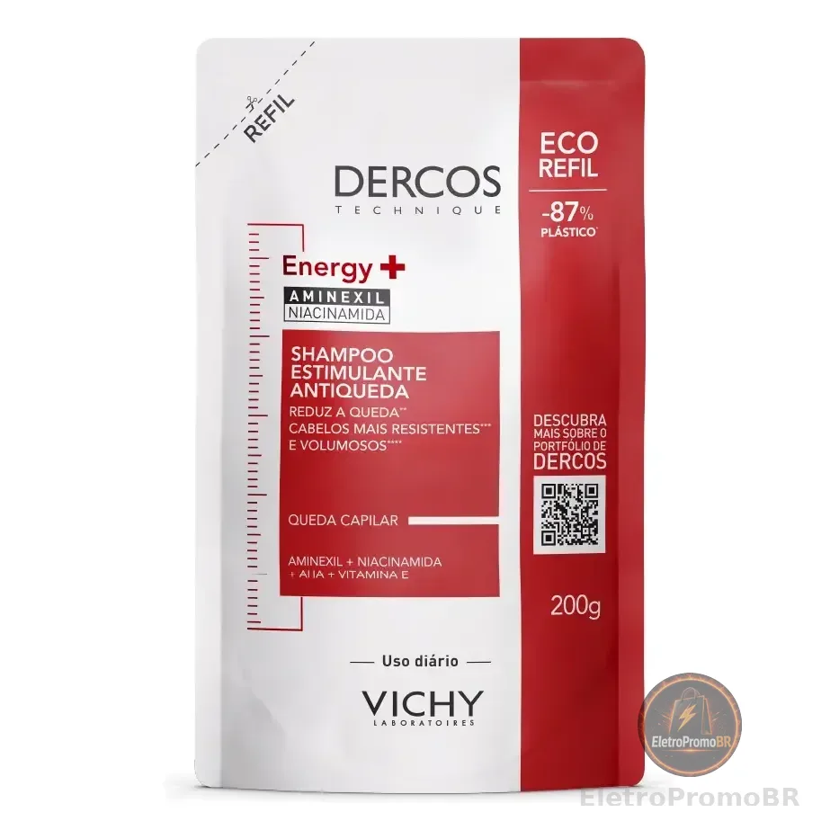 Refil Shampoo Estimulante Tratamento Antiqueda Energy+ Para Cabelos Fracos E Quebradiços, Fortalece Os Fios Com Aminexil, Aha, Niacinamida E Vitamina E, Dercos Vichy 200g