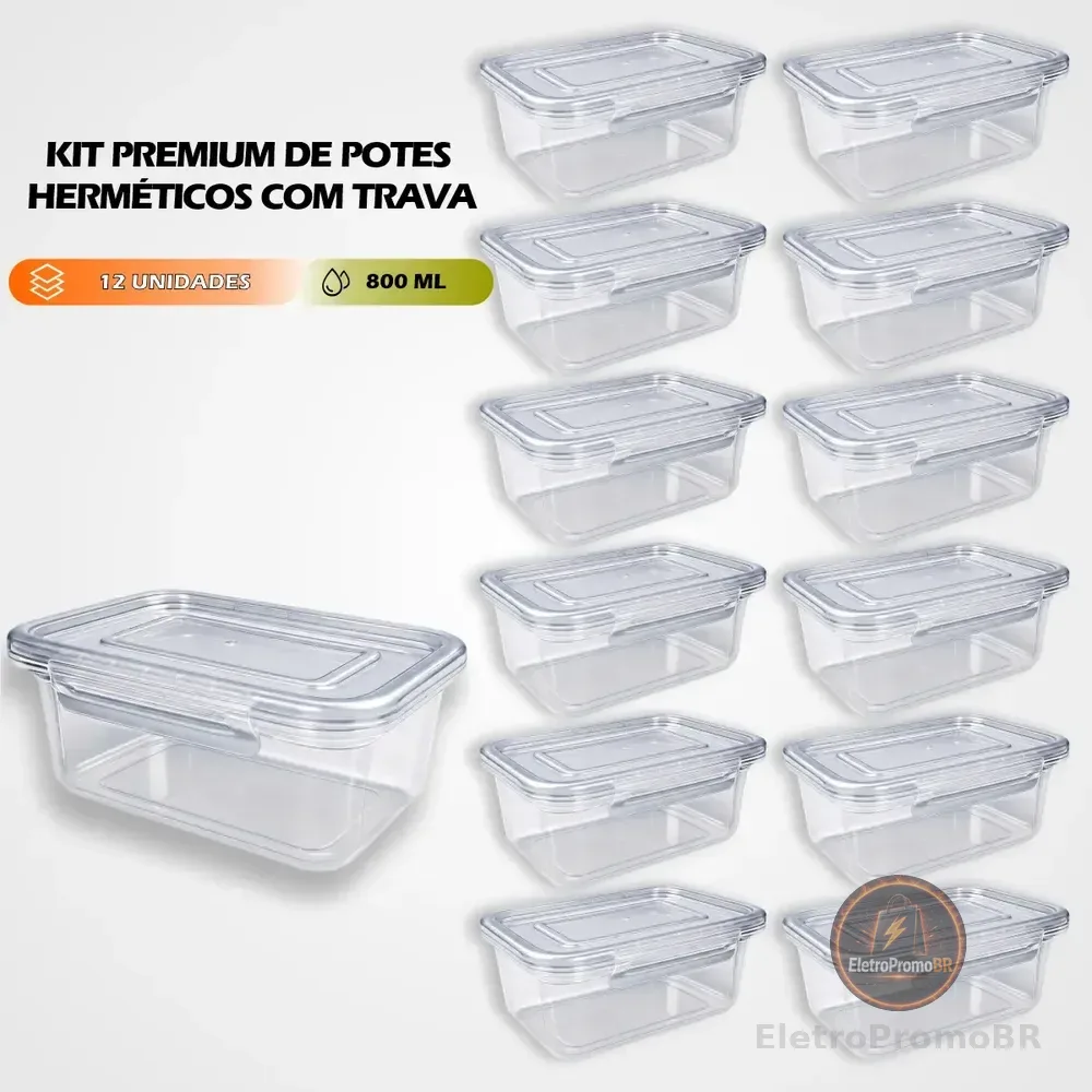 Kit 12 Marmitas 800ml Potes Trava Lateral Freezer Microondas Transparente