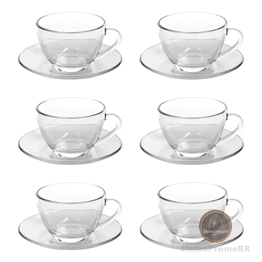 Jogo Xícaras Café Com Pires Chá 12 Peças Vidro Incolor 230ml Transparente