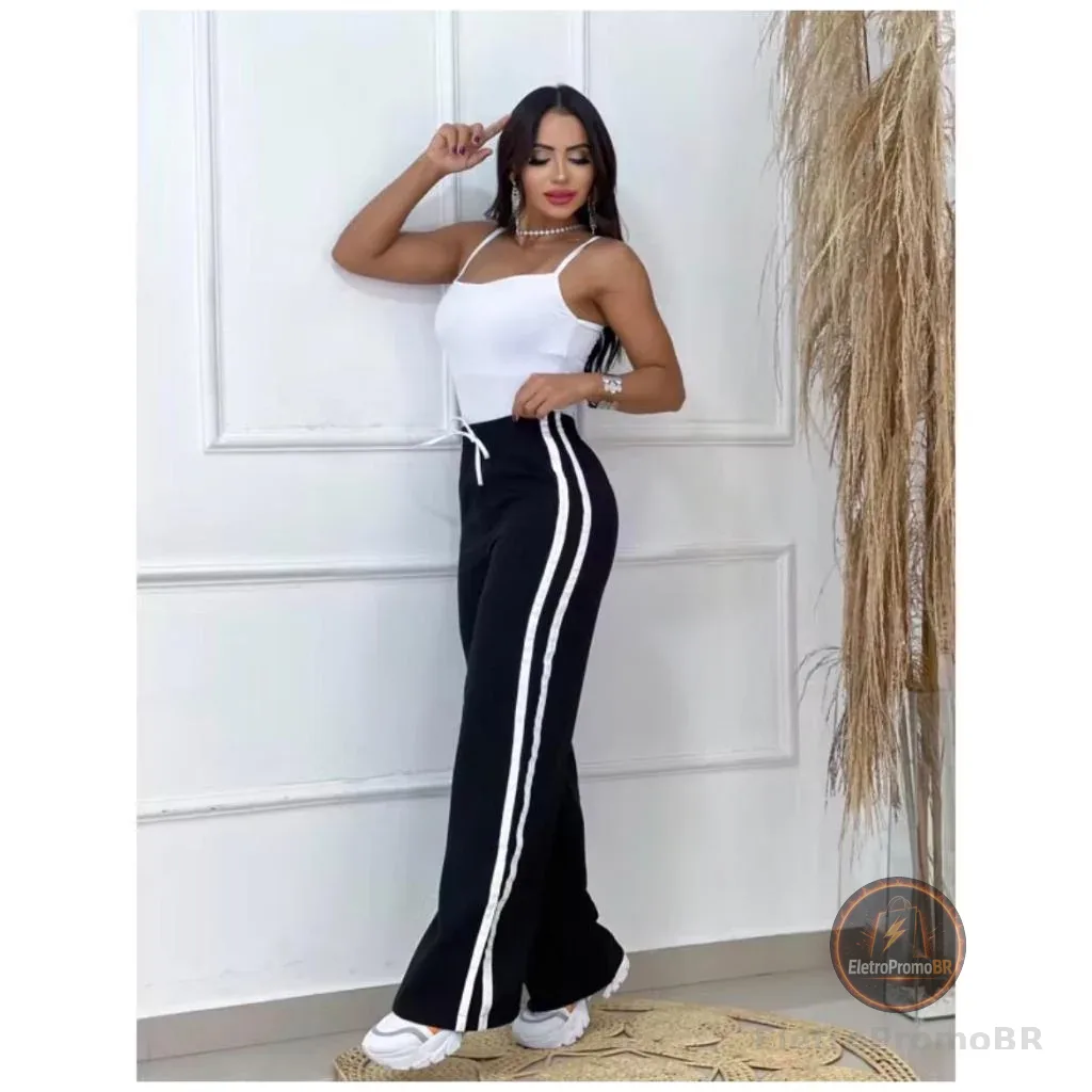 Calça Pantalona Feminina Com Listras  Laterais