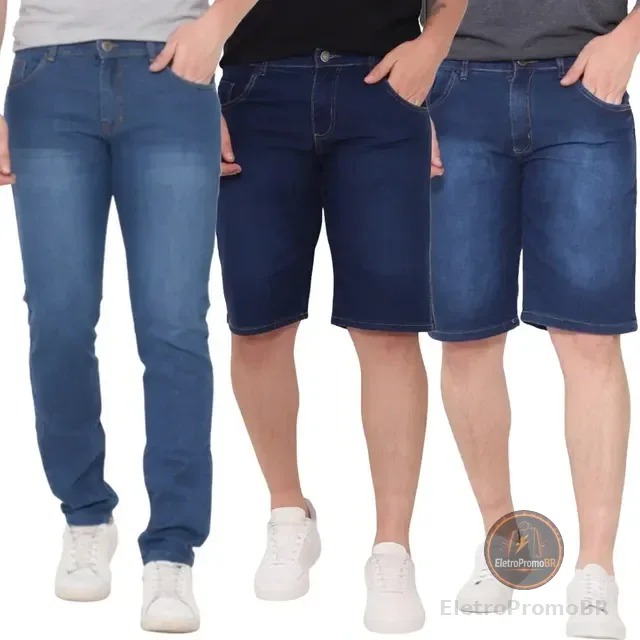Kit 2 Bermudas Jeans  1 Calça Jeans Masculina Skinny Premium