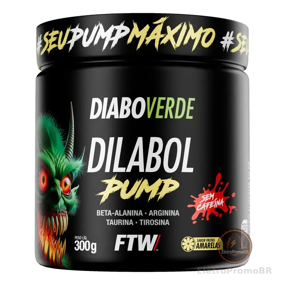 Pré Treino Dilabol Pump Diabo Verde Sem Cafeína Pote 300g Sabor Frutas Amarelas - Ftw