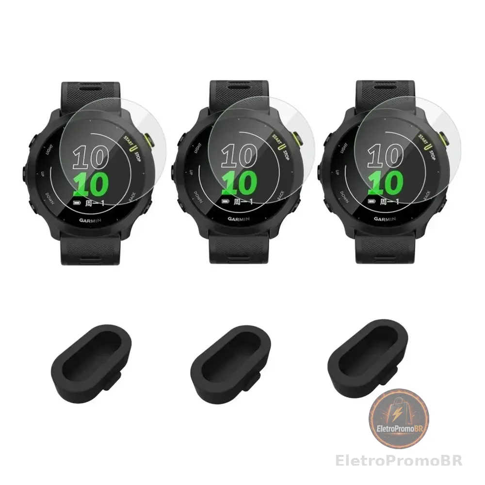 3 Películas Protetora De Tela E 3 Plugs Garmin Forerunner 55