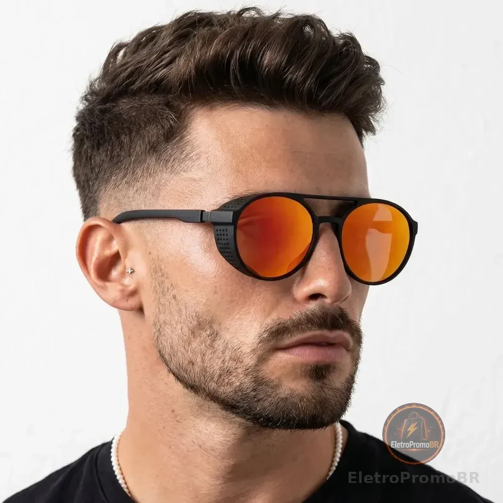 Óculos De Sol Masculino Redondo Uv400 Em Alta Quadrado Laranja Espelhado