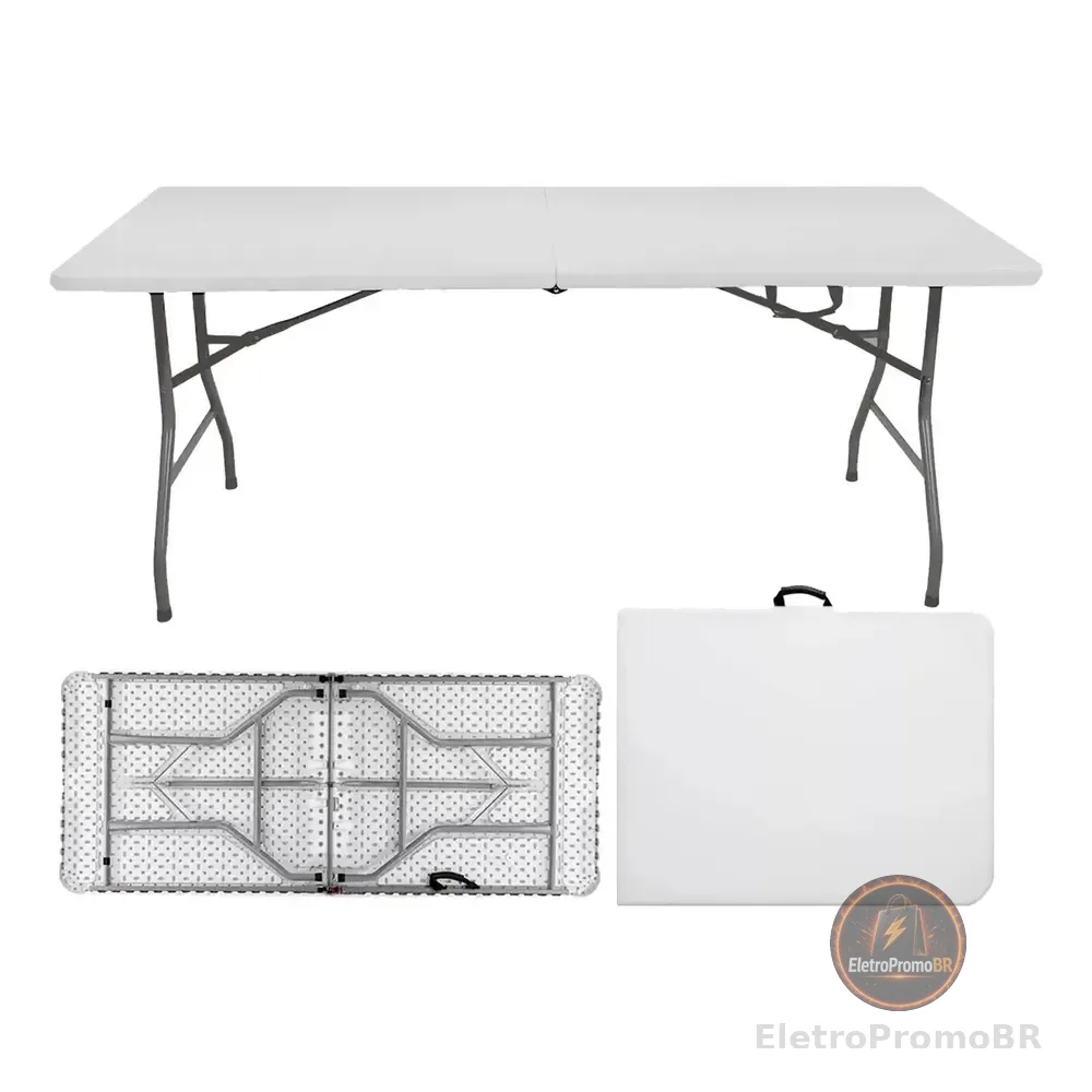 Mesa Dobrável Com 1,80m Alça Vira Maleta Portatil Camping Branco