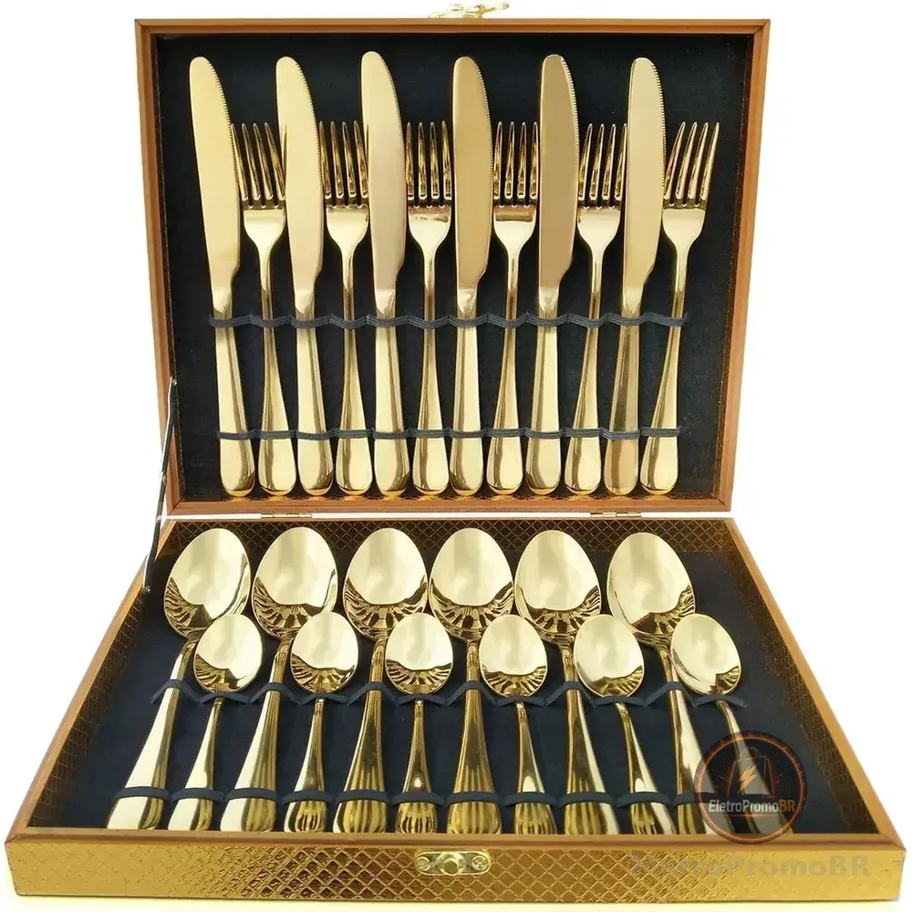 Kit 24 Talheres Luxo Premium Faqueiro Dourado Com Maleta Dourado