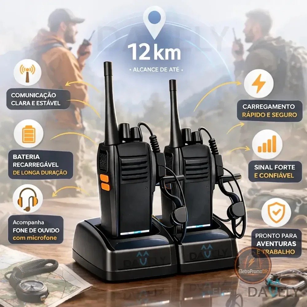Walkie Talkie Rádios Comunicador Kit Com 2 Unidades Radinho Walk Talk Completo Fone Microfone E Acessórios - Radio De Comunicação Longo Alcance Comunicação Segura Com 16 Canais Preto 127/220v