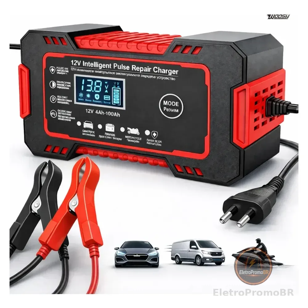 Carregador Inteligente De Bateria Automotiva 12v 6a Bivolt Recupera Baterias 4ah A 100ah Todos Veículos Moto Carro Caminhão Barco