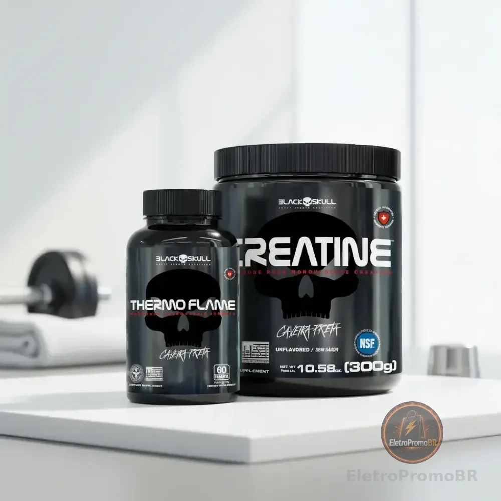 Kit Black Skull: Termogênico Thermo Flame 360mg 60 Tabletes + Creatina Monohidratada Pura 300g