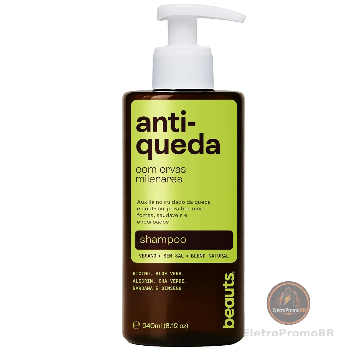 Shampoo Antiqueda com Babosa (Aloe Vera), Alecrim, Jaborandi, Rícino e Ginseng – Auxilia no Cuidado da Queda e no Fortalecimento Capilar – Vegano – 240 mL – Beauts