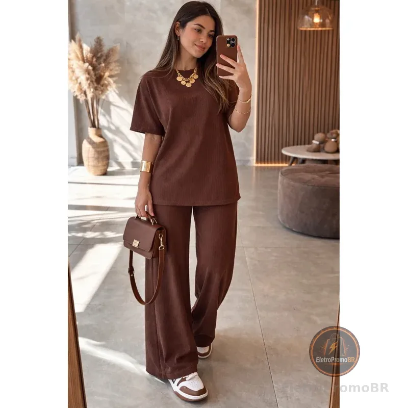 Conjunto Feminino Elegante Premium Blusa Oversized + Calça Pantalona Moda Casual Look Moderno e Confortável Aerolook