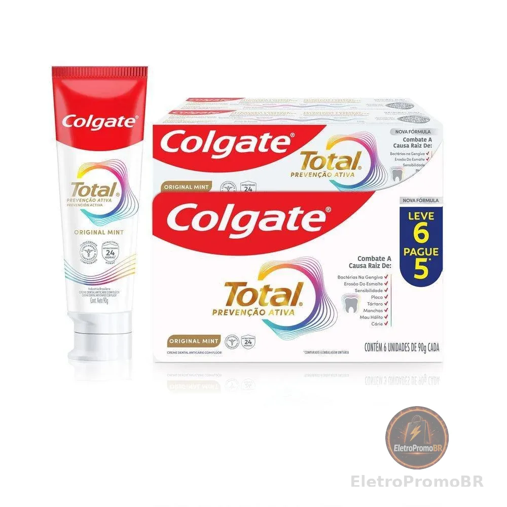 Creme Dental Colgate Total Original Mint Prevenção Ativa 90g 6 unidades