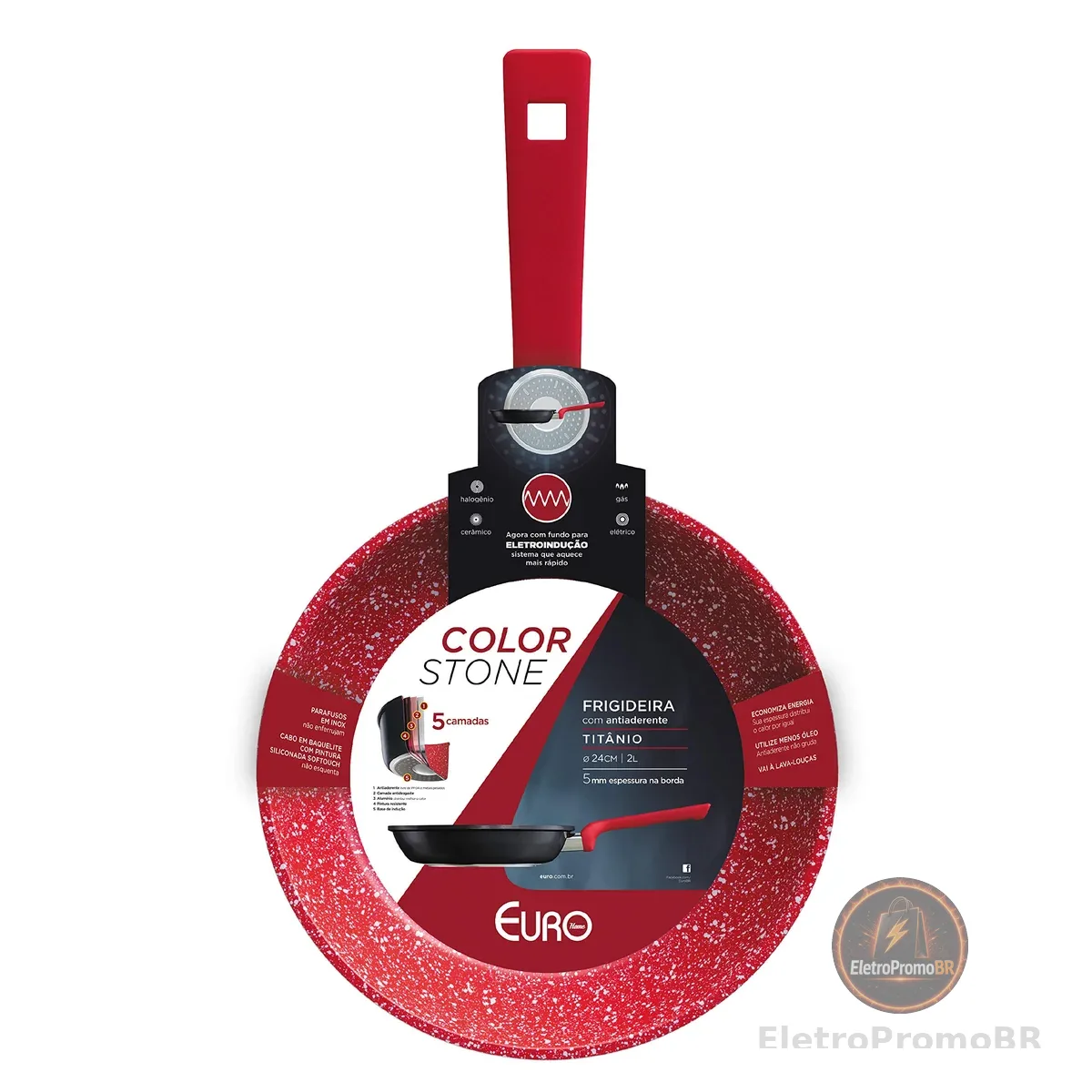 Euro Home - Frigideira 24 cm de Alumínio com Antiaderente ColorStone Titânio - ALU8303-TI