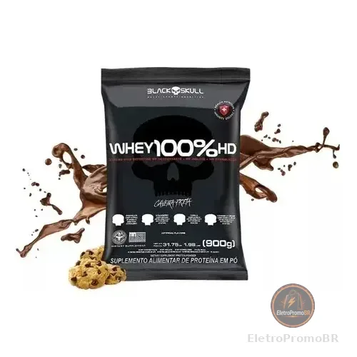 Suplemente Em Pó Whey 100% Hd Refil 900g Black Skull Sabor Cookies Biscoitos
