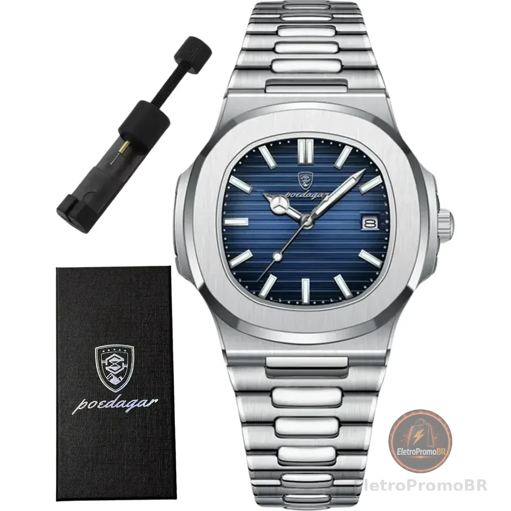 Relógio Poedagar De Luxo Aço Com Caixa E Ajuste De Pulseira Cinza Prateado Azul