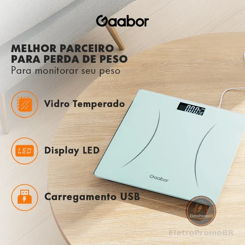 Gaabor Balança Digital Alta com Display LED Grande e Tela HD Até 180kg Com Preto/Verde GWS-M01A