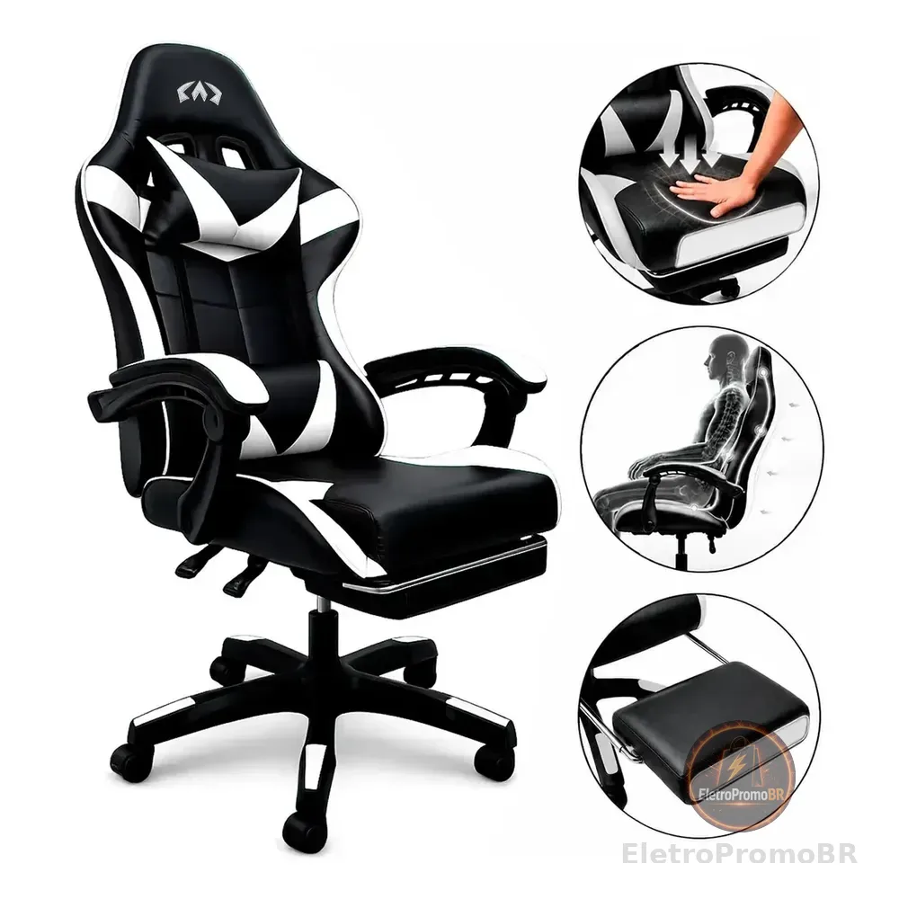 Cadeira Gamer Ergonomica Reclinavel Apoio Pes Almofada Branca Couro Sintetico Apoio Lombar Confortavel Altura Ajustavel Escritorio Oblivion Nienz Branco