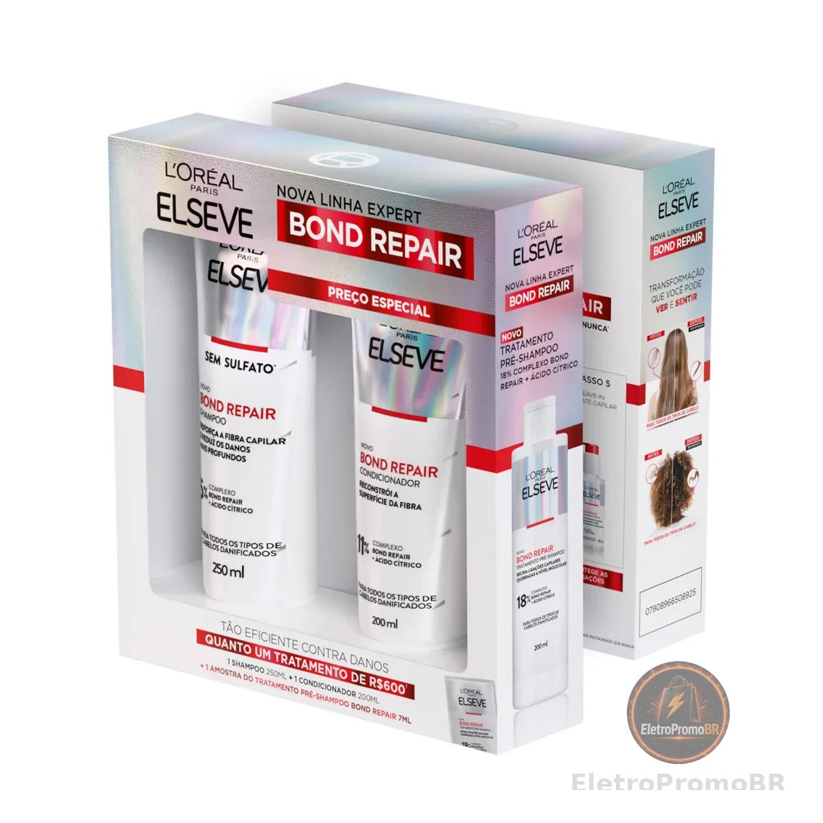 L'Oréal Paris Elseve Bond Repair Kit Reparação Molecular com Ácido Cítrico para Cabelos Danificados, Reconstrói Ligações e Devolve Força (Shampoo + Condicionador + Sachê Pré-Shampoo)