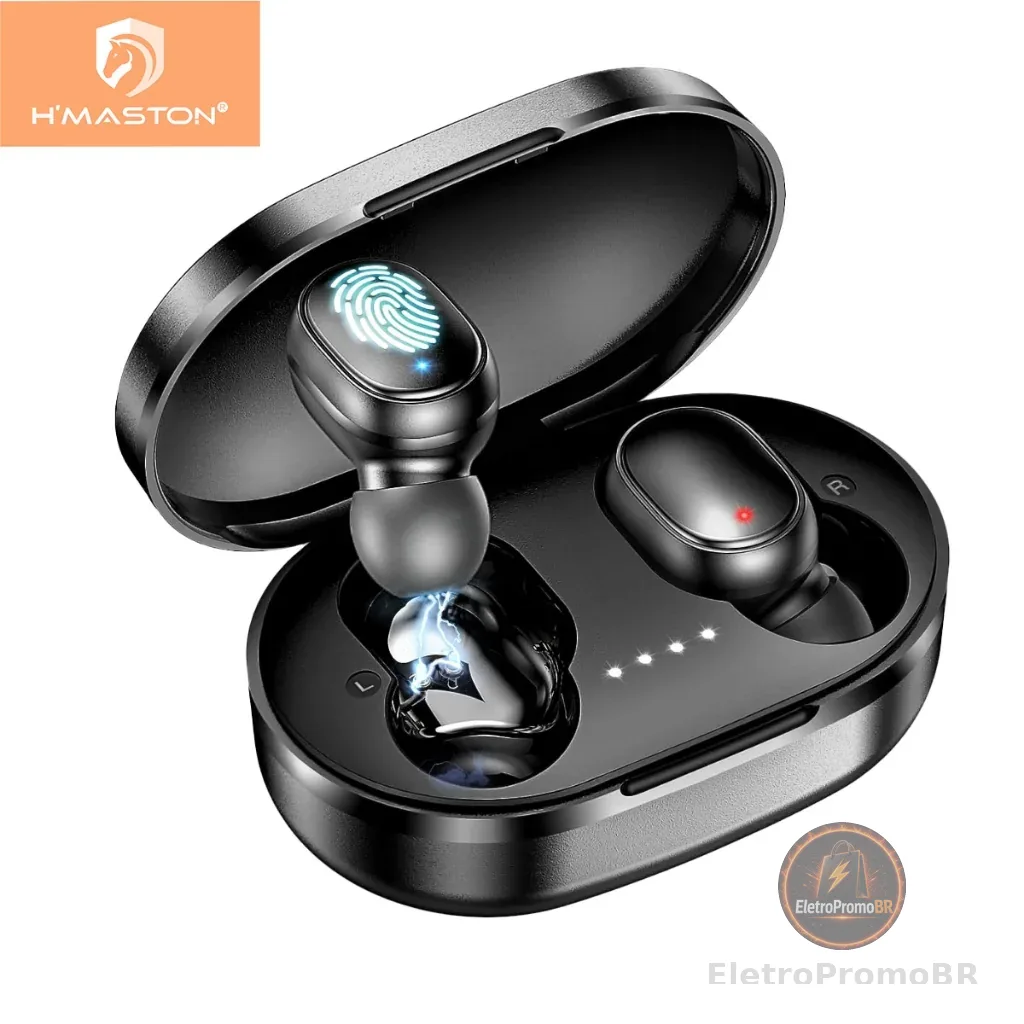 H'maston Rs-27 Fone De Ouvido Bluetooth 5.3 Sem Fio Fone Tws Duplo Com Microfone Luz Led Preto