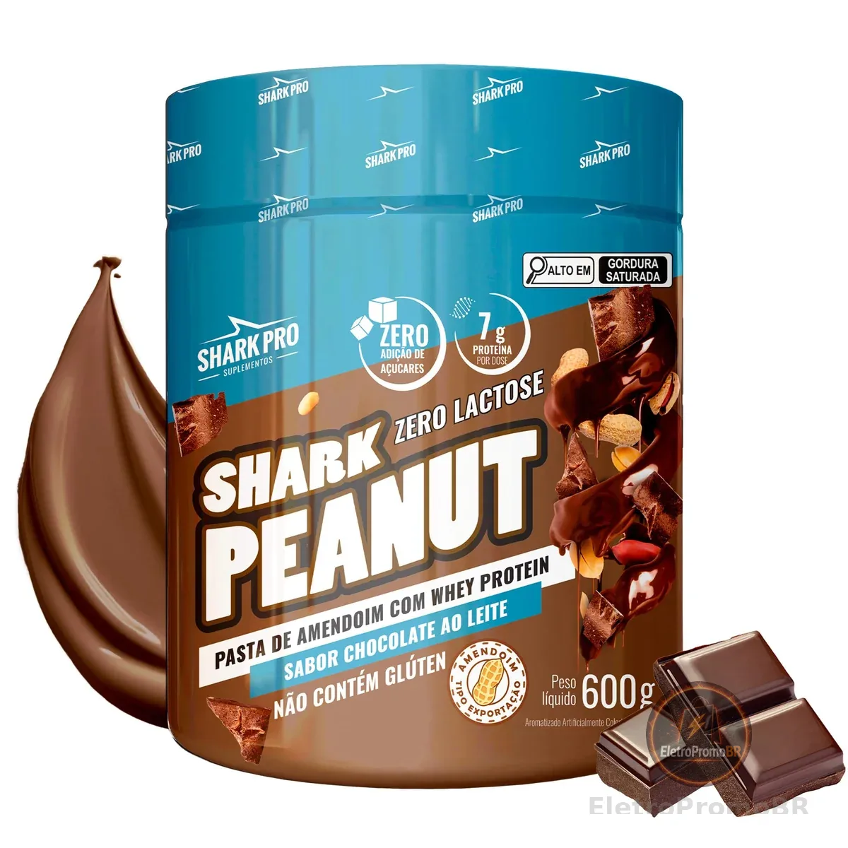 Shark Pro Pasta de Amendoim Gourmet Sabor Chocolate ao Leite com Whey Protein Shark Peanut - 7,5g de Proteína - Zero Glúten, Zero Lactose, Zero Adição de Açúcares - Pote 600g