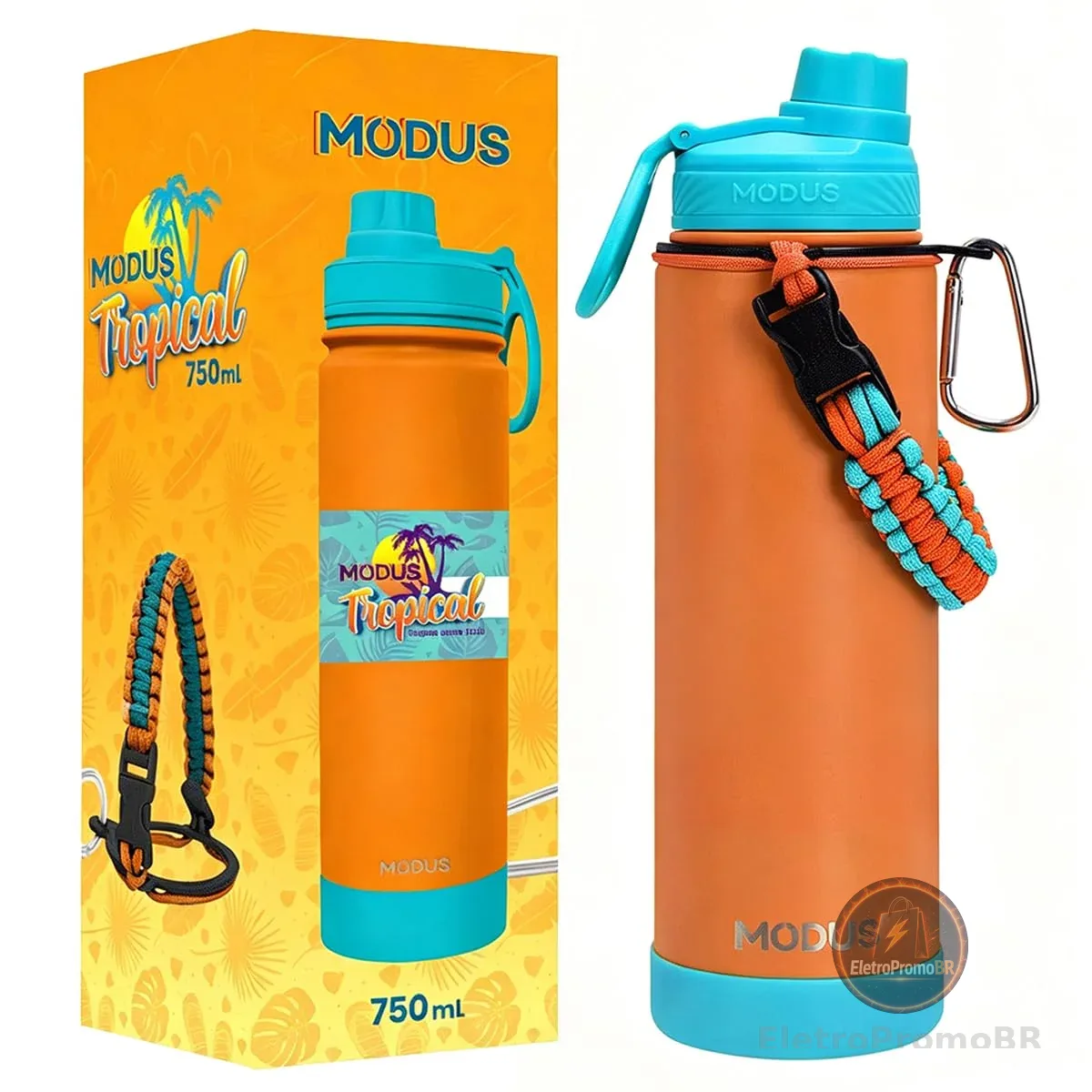 MODUS Garrafa Térmica de Aço Inoxidável 750ml a Vácuo com Alça de Paracord e Protetor Antichoque Removível (Laranja)