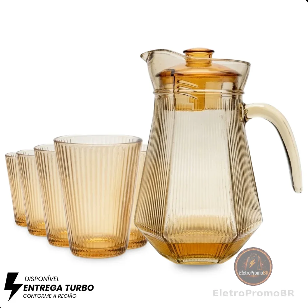 Conjunto de 1 Jarra de Vidro Âmbar com Tampa e 6 Copos – 7 Peças – Design Sofisticado e Resistente