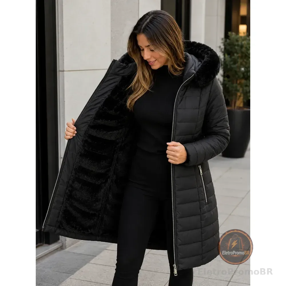 Sobretudo Feminino Forrado Parka Jaqueta Longa Capuz Pelucia Preto M
