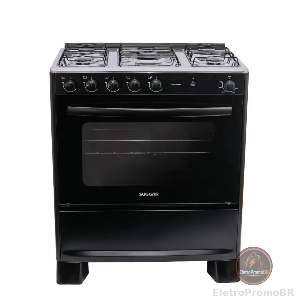 SUGGAR FOGÃO COOK START PRETO MESA INOX 5 BOCAS 2 QUEIMADORES FAMÍLIA ACENDIMENTO AUTOMÁTICO FGICS520PT
