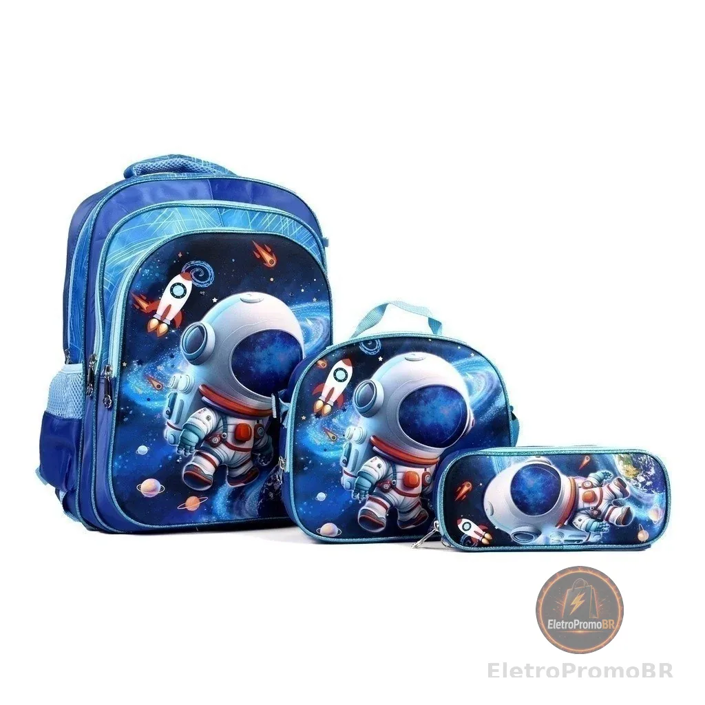 Kit Escolar Infantil Bolsa Lancheira Estojo Estampas 3D Menina e Menino com luzes