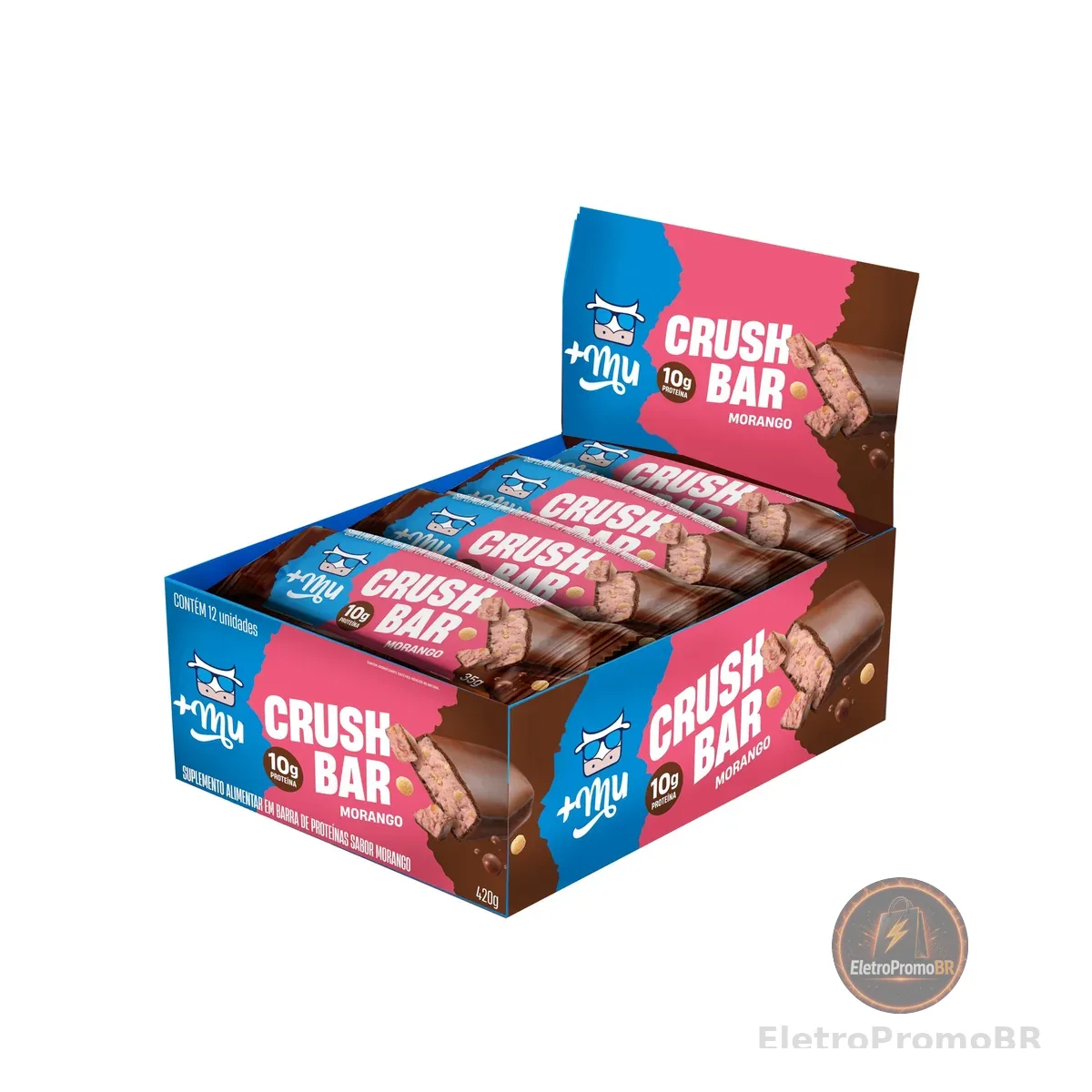 Barra de Proteína, Mais Mu, Crushbar 2.0, Sabor Morango, 10g de Proteína, Zero Açúcar - Display 12 Unidades