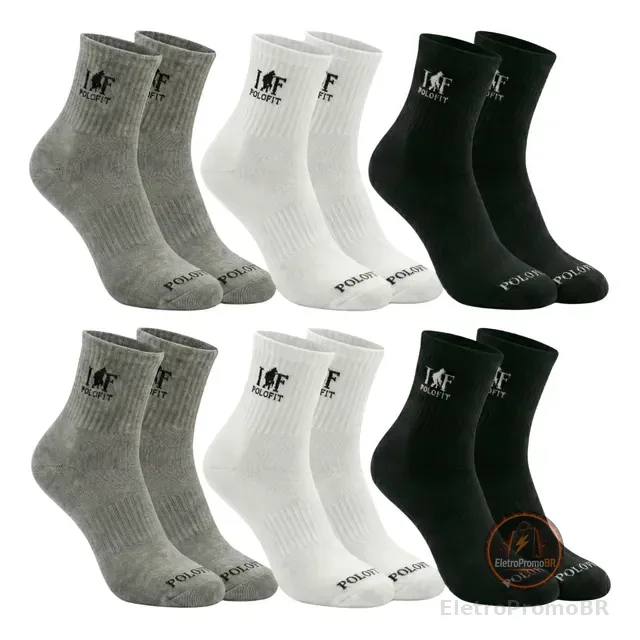 Kit 6 Pares Meia Cano Médio Alto Unissex Algodão Polo Fit