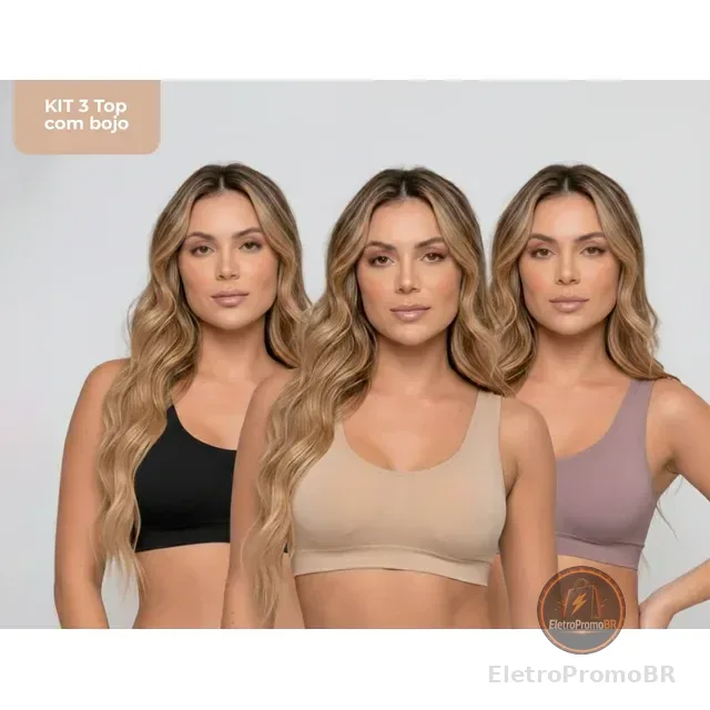Kit 3 Top Com Bojo Fitness Academia Sem Costura Poliamida