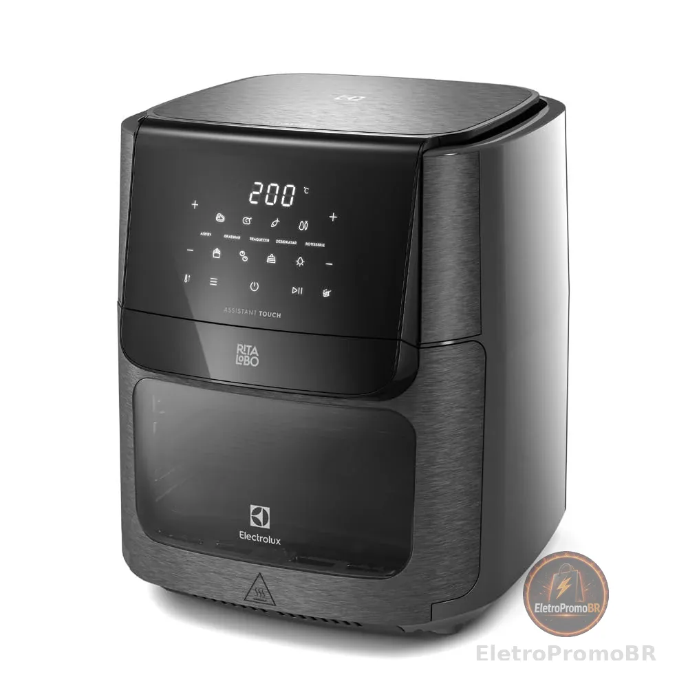 Electrolux Air Fryer Forno 5 x 1 12L 1700W Digital Espeto Giratório 2 Bandejas Antiaderentes 10 funções 7 Receitas aviso sonoro Fritadeira Elétrica sem Óleo Forno Bancada EAF90 Grafite 220V