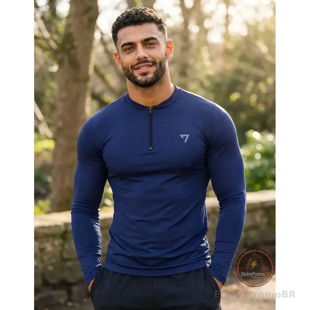 Camisa Térmica Masculina Segunda Pele Manga Longa Com Zíper Azul-marinho Gg