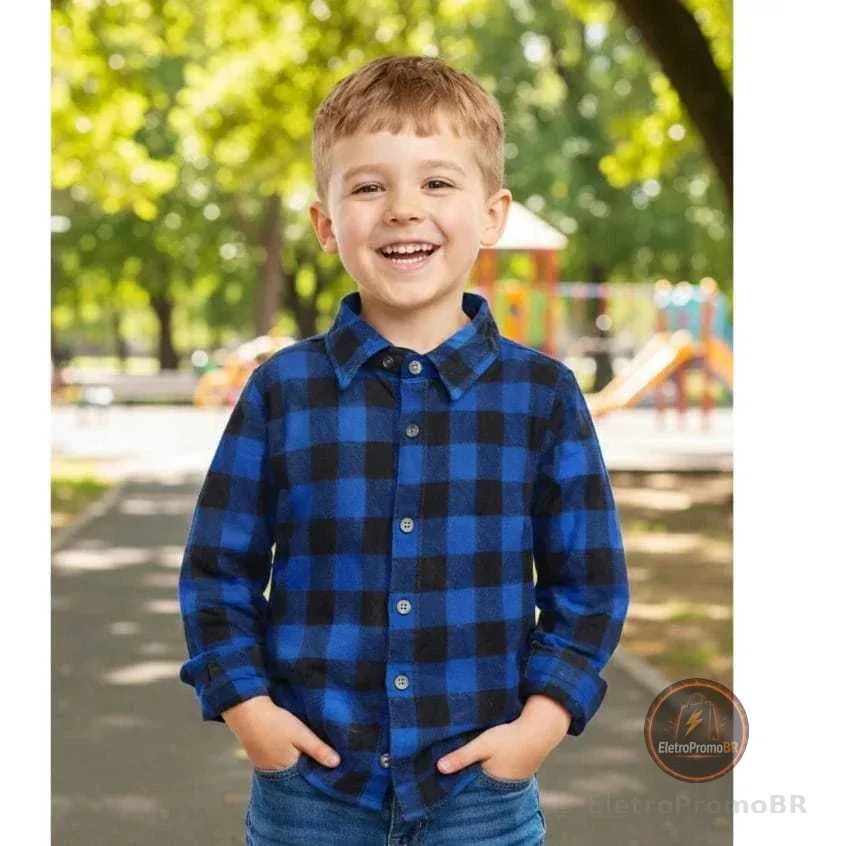 Camisa Xadrez Flanelada  Infantil e Juvenil Manga Longa De Botão Com Gola