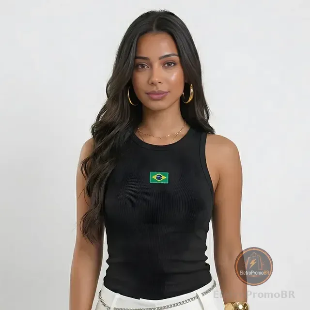 Regata Feminina Bandeira Brasil Bordado Pequena Canelado