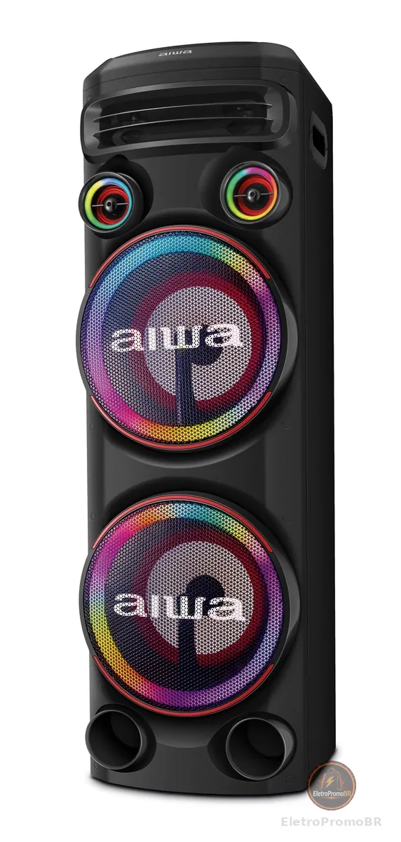 Aiwa AWS-T2W-02 Torre de Som Bluetooth Preto 2300W RMS com RGB LED e Dupla Luz Strobo